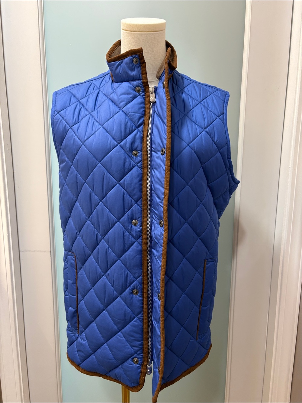 Peter Millar Royal Blue Quilted Vest with Brown Trim